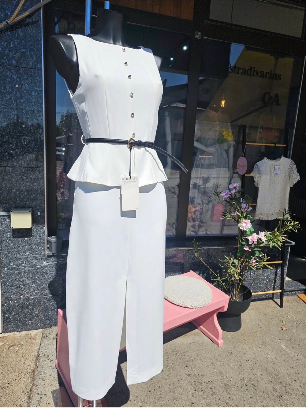 Zara White Sleeveless Peplum Wide-Leg Jumpsuit with Black Belt